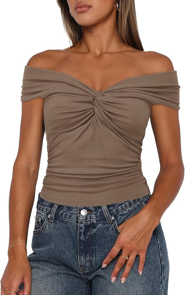 Darong Women Summer Twist Knot Front Off The Shoulder Tank Tops Cap Sleeve Going Out Shirts Slim ... | Amazon (US)