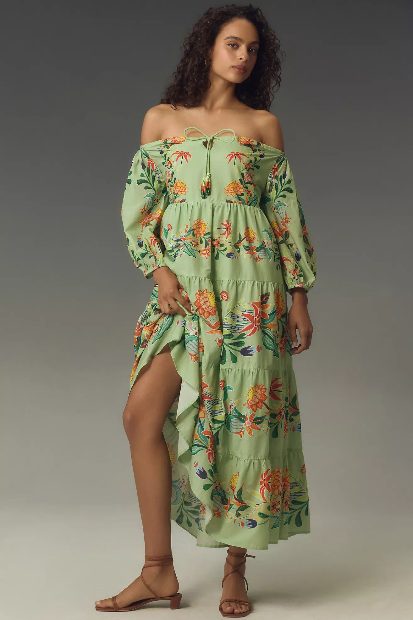 Farm Rio Off-The-Shoulder Long-Sleeve Tiered Floral Midi Dress | Anthropologie (US)