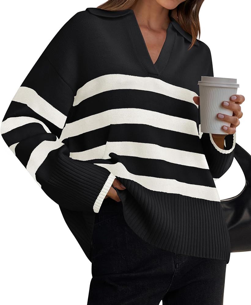 ZESICA Women's 2024 Winter Striped Sweaters Lapel V Neck Long Sleeve Chunky Knit Oversized Pullover Sweater Jumper Tops | Amazon (US)