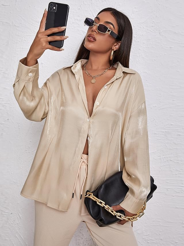 Escalier Women's Silk Blouse Long Sleeve Satin Button Down Shirt Casual Work Office Silky Blouse Top | Amazon (US)