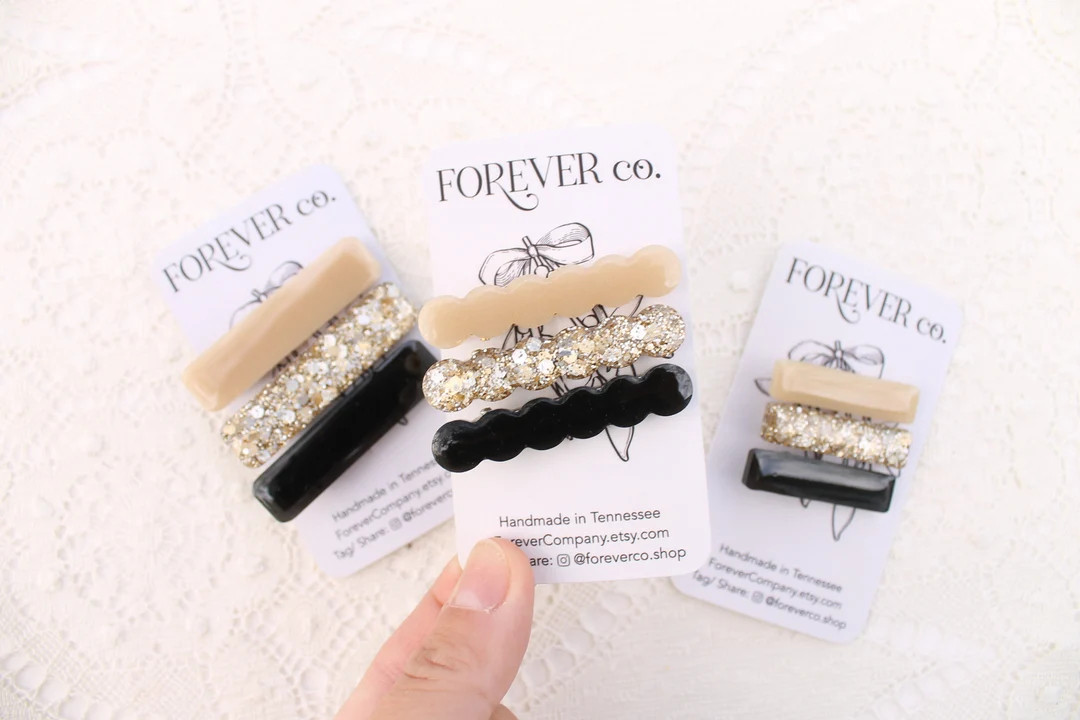 Neutral Metallic Glitter Hair Clips with Black/ Set of 3/ Sparkle Mixed Metal Tan Clips/ Resin Al... | Etsy (US)