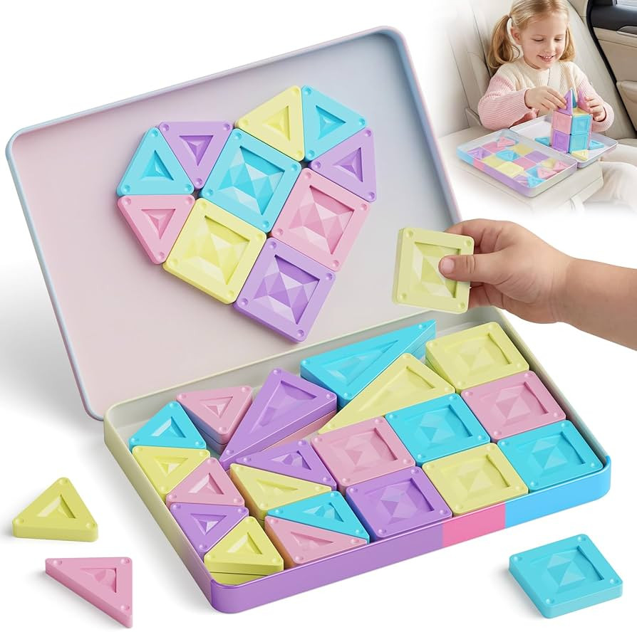 Mini Magnetic Tiles Girls Travel Set: 40 PCS Macaron Building Block with Tin Box - 90 Mins Quiet ... | Amazon (US)