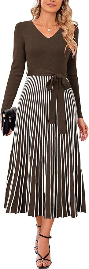 Arach&Cloz Women's Wool Blend Tie Waist Pleated Fall Sweater Dress 2025 | Amazon (US)