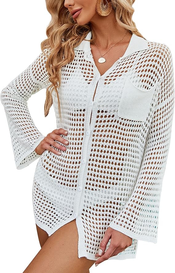 Blooming Jelly Women's Swimsuit Coverup Crochet Collared Button Down Beach Shirt Bathing Suit Cov... | Amazon (US)