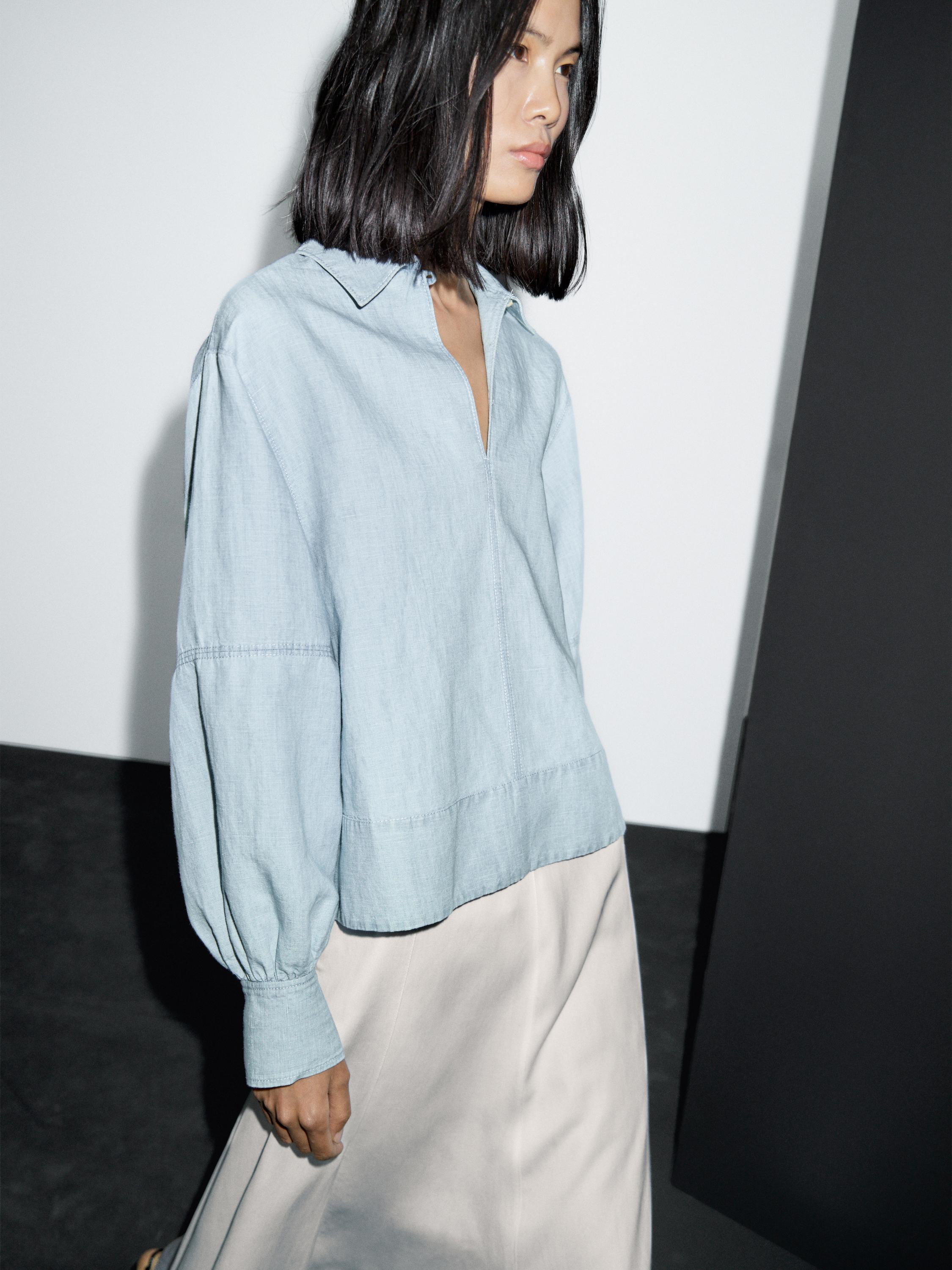 Oversize denim blouse with puff sleeves · Light Blue · Shirts | Massimo Dutti | Massimo Dutti US