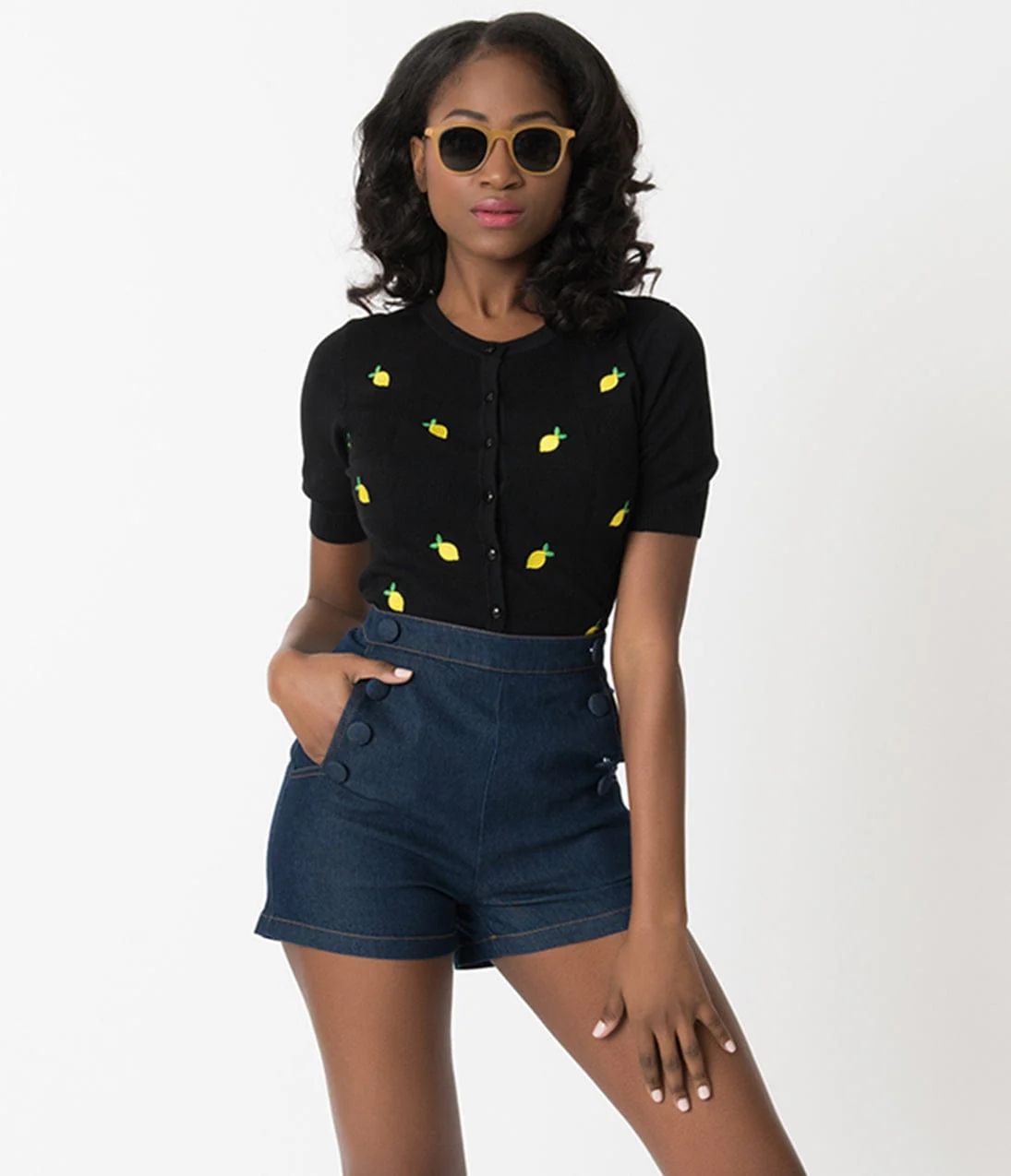 Voodoo Vixen Navy Blue Denim High Waisted May Shorts | UniqueVintage