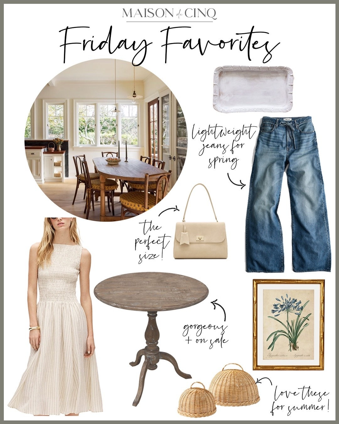 On this week’s Friday Favorites we’re talking 90s fashion style, spring dresses, the prettiest French table on sale, the cutest Nancy Meyers inspired prints, neutral spring bags and more!

Home decor, spring decor, wall decor, French country, wide leg jeans, midi dress, spring fashion, spring outfit 

#LTKHome