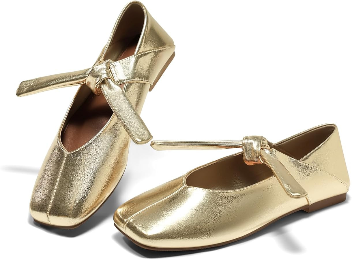 Coutgo Womens Mary Jane Flats Bow Square Toe Ballet Flats Dressy Comfortable Slip on Flat Shoes | Amazon (US)