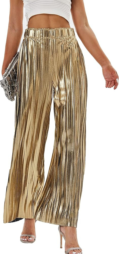 heipeiwa Women's Shiny Pleated Wide Leg Pants Party Nightout High Waist Trouser Folded Lightweigh... | Amazon (US)