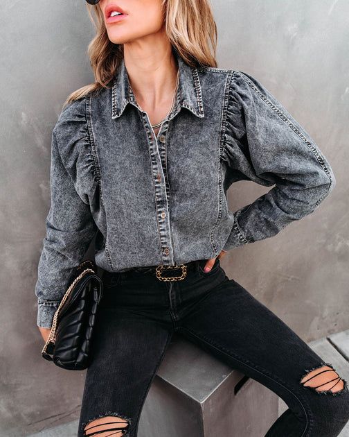 Express Yourself Cotton Mineral Wash Button Down Top - Black Wash - FINAL SALE | VICI Collection