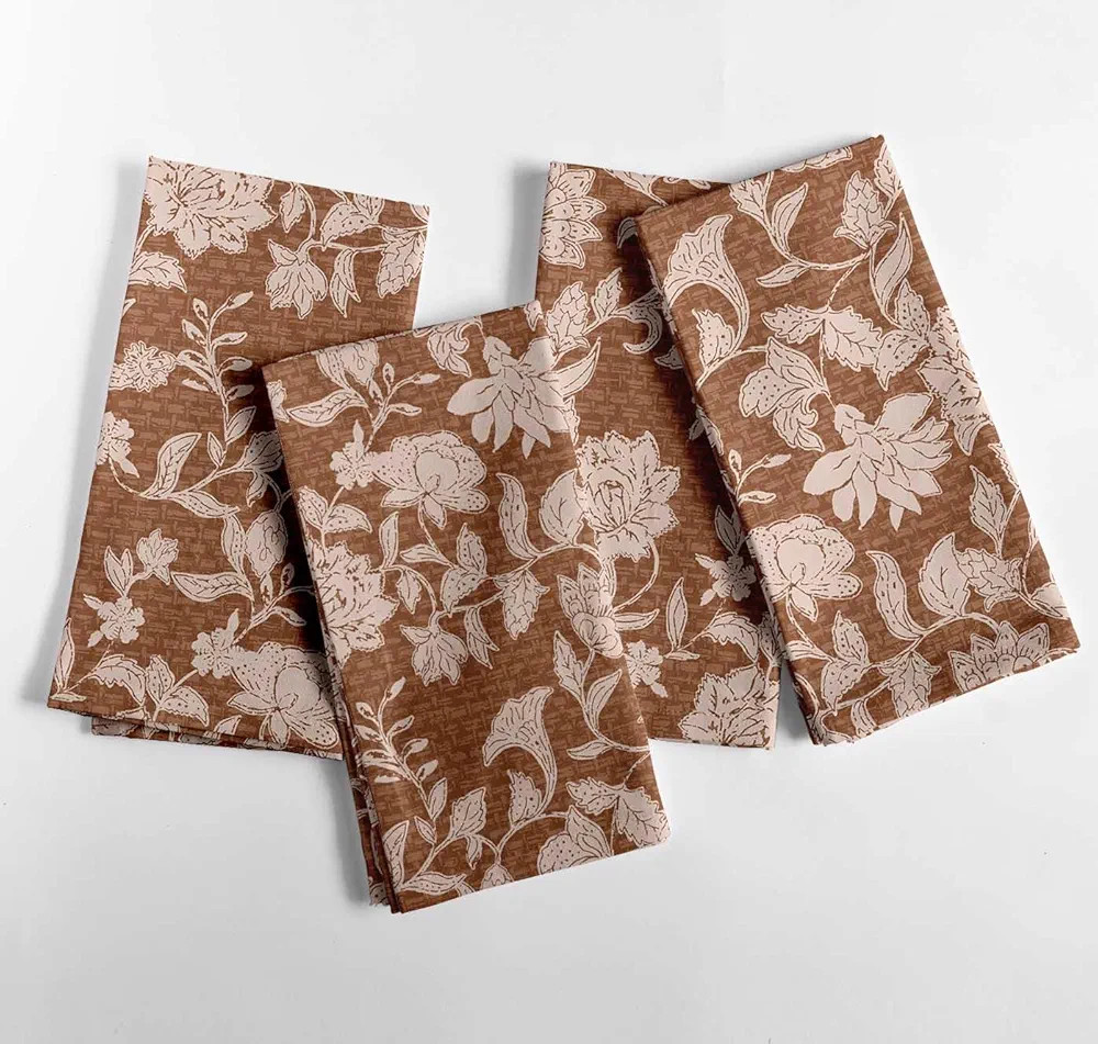 Rustic Brown Floral Block Print Cotton Napkins - Set of 4, 20x20 Inches, Earthy Ethinc Elegance P... | Amazon (US)