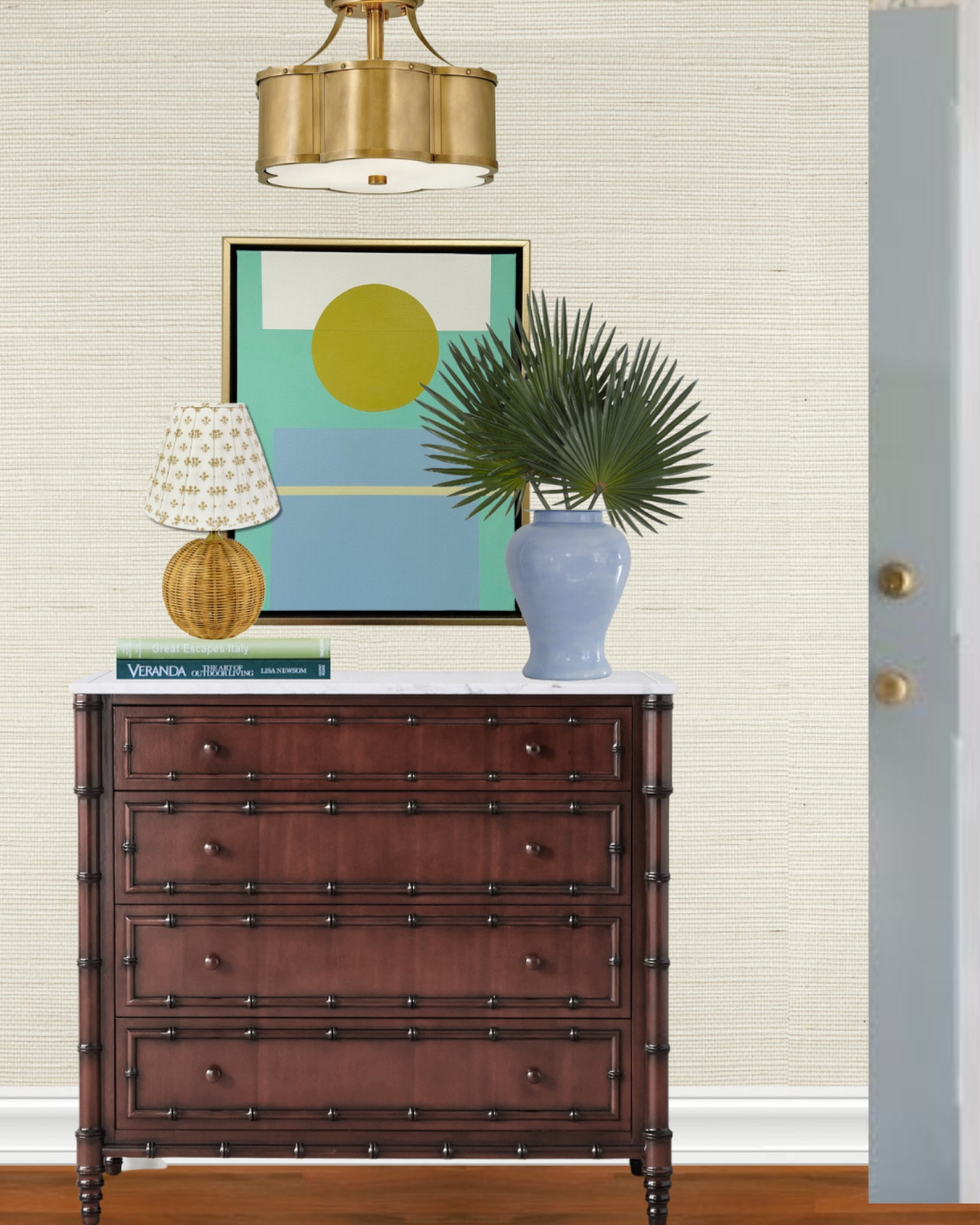 Interior design inspo; entryway inspo; dresser styling; ginger jar; abstract art; brass flush mount; entryway chest; bamboo; rattan lamp; home decor finds; sale find; grandmillennial home

#LTKFind #LTKsalealert #LTKhome