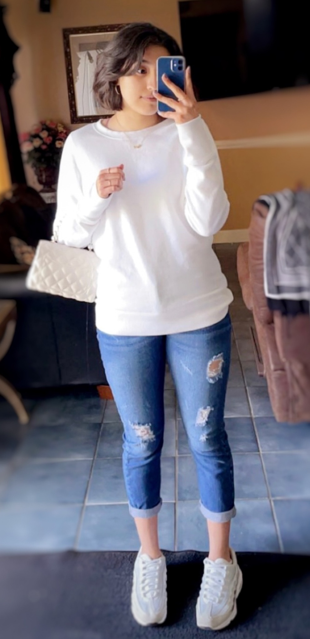 white casual simple fashionable accessories outfit discreet ripped jeans sweater pullover mini hand bag gold jewelry bubble bag pure white minimalist outfit minimalist jewelry cute vintage shoes white rustic shoes gym shoes 

#LTKstyletip #LTKworkwear #LTKfit
