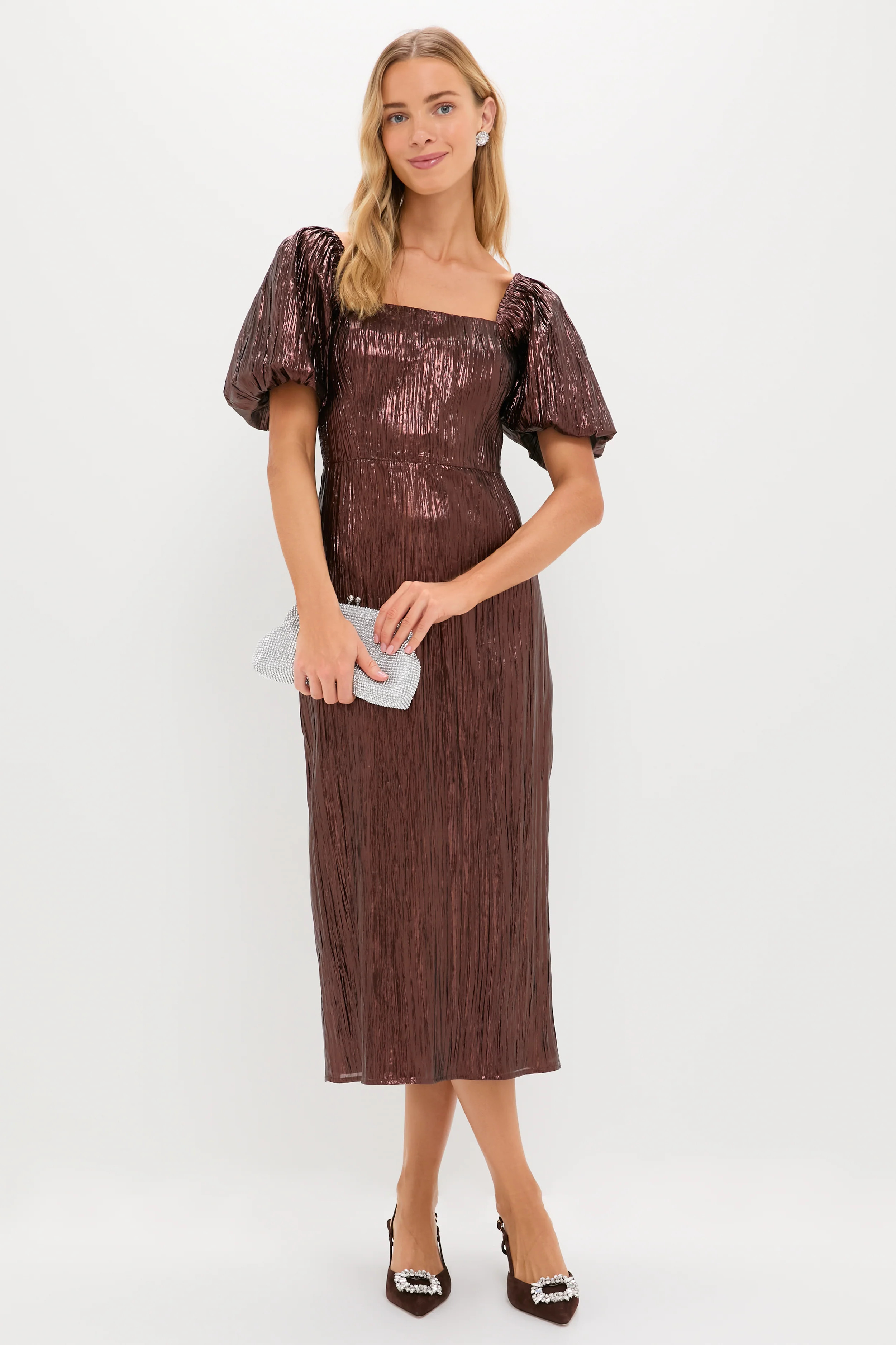 Bronze Metallic Plisse Gladys Puff Sleeve Midi Dress | Tuckernuck (US)