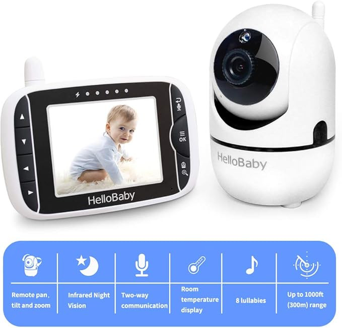 HelloBaby Video Baby Monitor with Remote Camera Pan-Tilt-Zoom, 3.2'' Color LCD Screen, Infrared N... | Amazon (US)