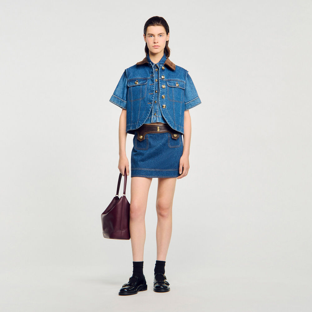 Mini denim and leather skirt | Sandro US | Sandro-Paris US