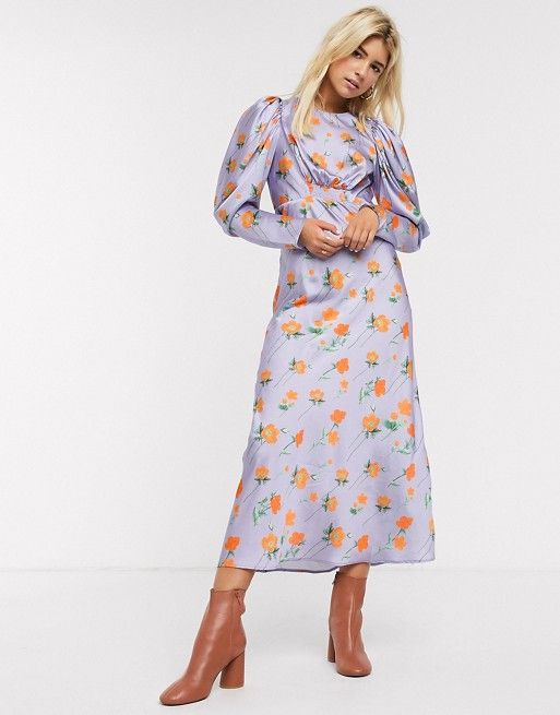 ASOS DESIGN satin maxi dress with puff sleeves in lilac floral print | ASOS UK