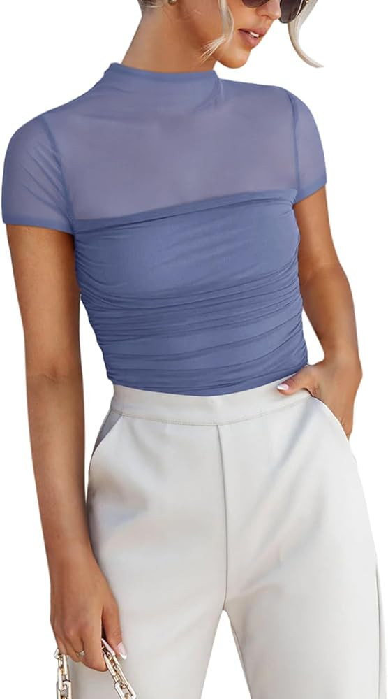 REORIA Women's Sexy Mock Turtle Neck Short Sleeve Shirts Sheer Mesh Ruched Trendy Going Out Bodys... | Amazon (US)