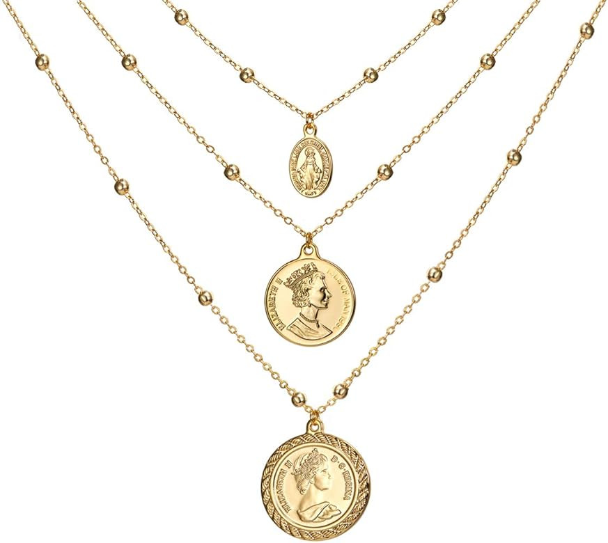 ACC PLANET Gold Layered Necklace for Women, 14K Gold Plated Coin Cross Pendant Necklace Chunky Ch... | Amazon (US)