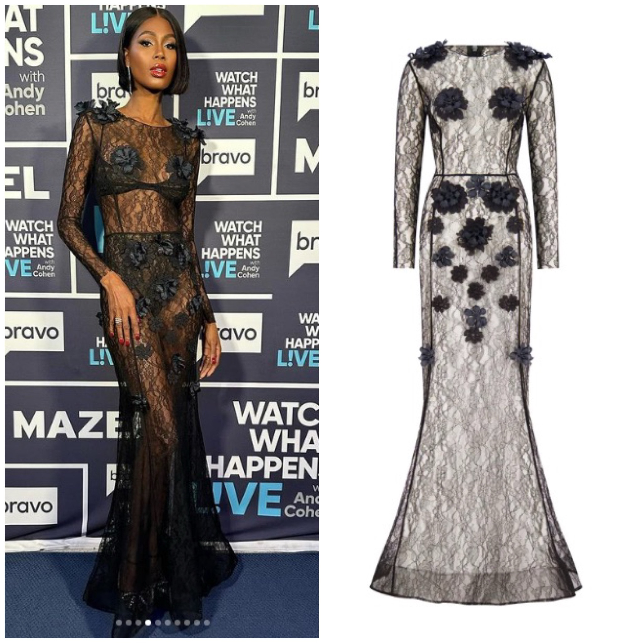 Kiki Barth’s Black Lace Gown on Watch What Happens Live is by Joy Cicoi Jewelry by Nicole Rose Jewelry 📸 + info = @kikibarth