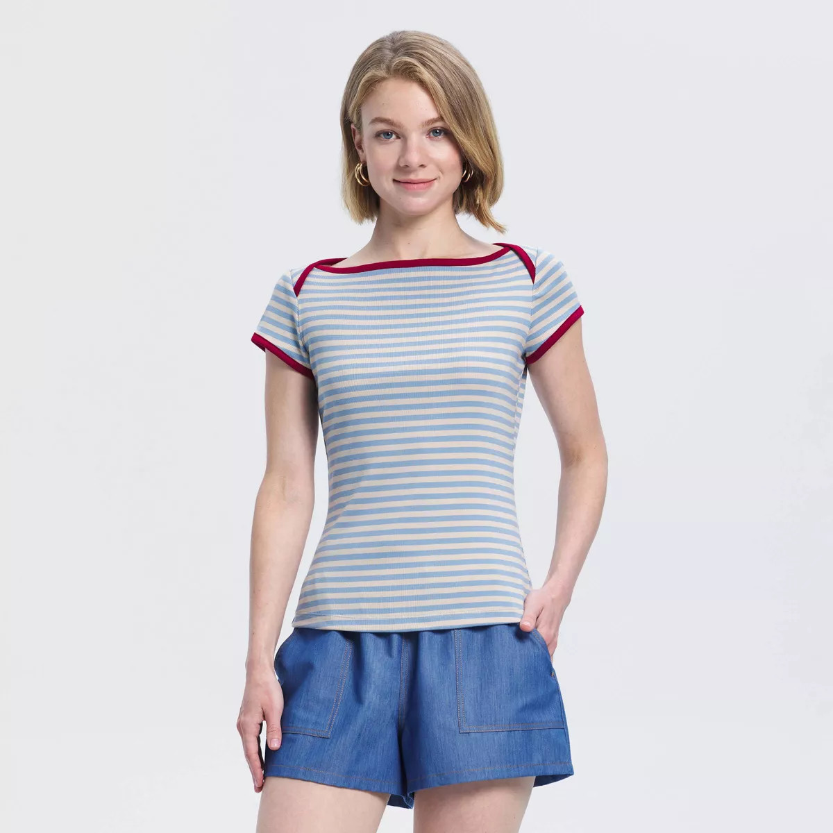 Women's Slim Fit Short Sleeve Envelope Neck Jersey T-Shirt - A New Day™ Burgundy/Cream Striped ... | Target
