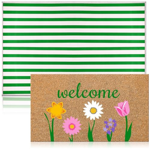 Moucuny 2 Pcs Spring Coir Doormat Outdoor Flower Welcome Outdoor Rug Front Porch Mats Layered Green and White Stripe Rugs for Spring Front Porch Entryway Decor | Amazon (US)