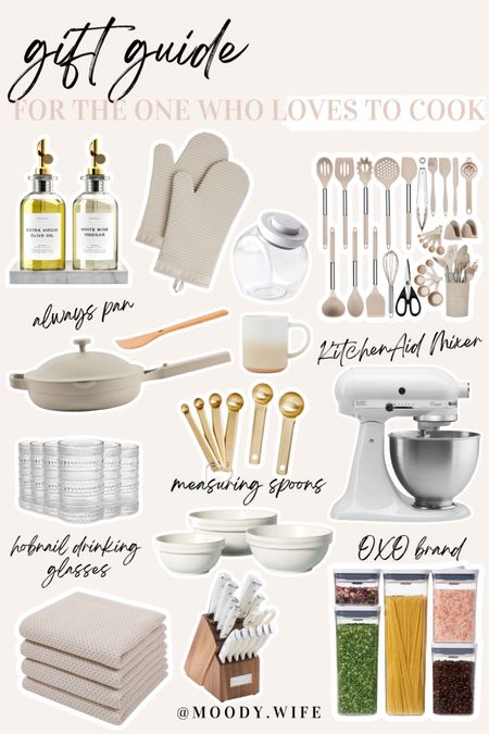 gift guides 2023 • gift guide ideas • gift guide for the one who loves to cook • aesthetically pleasing kitchen essentials • items can be found at target and amazon!

#chickitchen #cookinginspo #newmom #newfamily #blackfriday #cybermondaydeals

olive oil and vinegar glass set / beige oven mits / oxo cookie or candy jar / full set of kitchen utensils in beige / always pan / coffee mug / kitchenaid mixer / hobnail drinking glasses / gold measuring spoons / oxo acrylic containers / ceramic mixing bowls / waffle kitchen towels / cuisineart knife set  