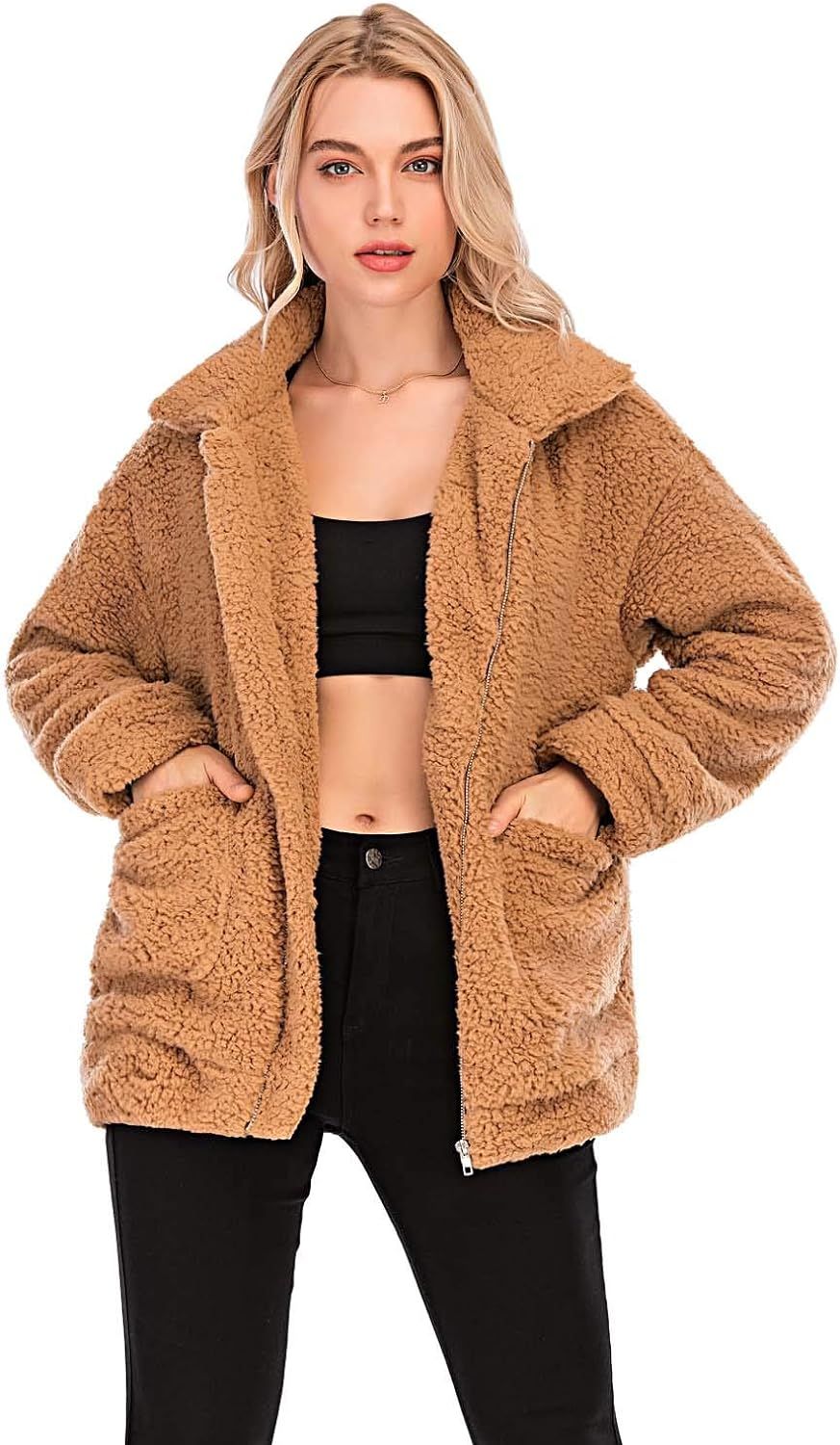 Comeon Women's Faux Fur Jacket Shaggy Jacket Winter Fleece Coat Outwear Shaggy Shearling Jacket | Amazon (US)