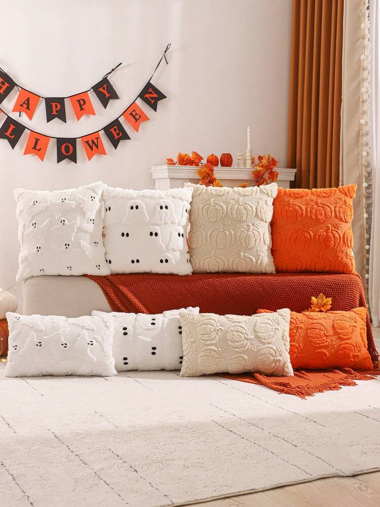 Halloween Decorative Throw Pillow Cover, Ghost Design, Suitable For Thanksgiving, Harvest Season, Living Room, Bedroom, Party, Plush Quilted Embroidery,Fall Decor,Autumn Decor,Room Decor | SHEIN
