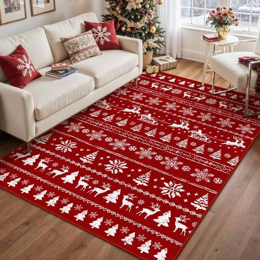 Christmas Area Rug 5x7 for Living Room Red Washable Non Slip Rug Soft Low Pile Carpet Xmas Deer H... | Amazon (US)