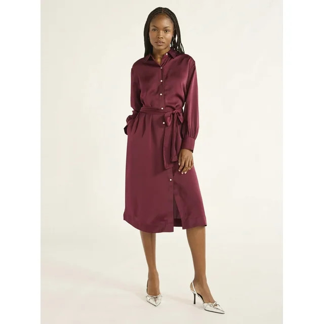 Free Assembly Women’s Belted Midi Shirtdress with Long Sleeves, Size XS-XXXL | Walmart (US)