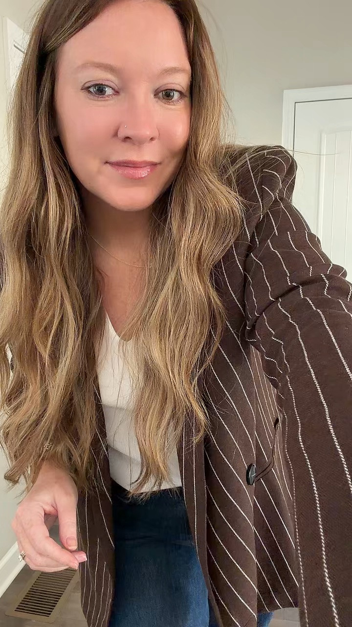 Chocolate Brown pinstripe Blazer - tts I’m wearing a medium 
White tank 
Cropped wide leg jeans / tts wearing a 28
Nude designer inspired heels / tts wearing
Two tone watch 
Evil eye necklace 
Two tone bracelet cuff and ring

#LTKdayinmylife #LTKootd #LTKWorkwear