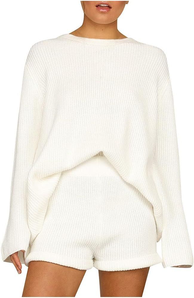 Women Autumn O-Neck Sweater Skirt Set Long Sleeve Solid Color Sweatshirt Skirt Two Pieces Set Cas... | Amazon (US)