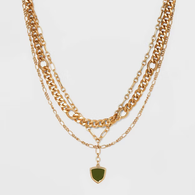 Mixed Chain Shield Medallion Layered Necklace - Universal Thread™ Green | Target