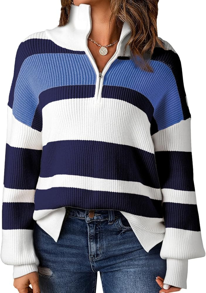 EVALESS Striped Sweaters for Women 2024 Casual Long Sleeve Lapel V Neck Quarter Zip Pullover Swea... | Amazon (US)