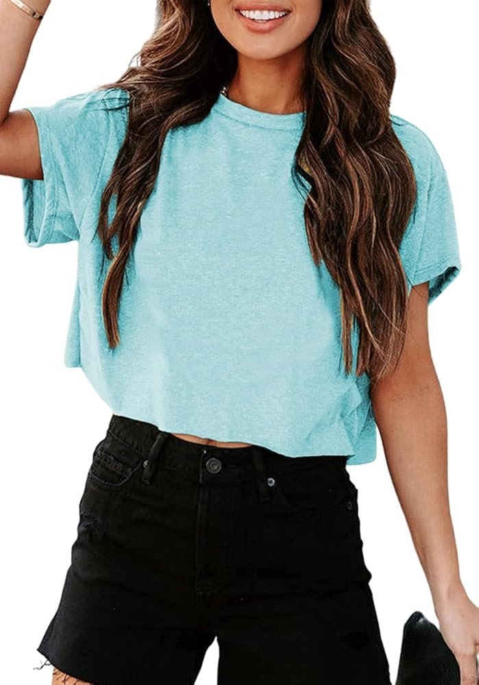 Tankaneo Women Short Sleeve Cropped T-Shirts Crew Neck Loose Crop Tops Summer Casual Drop Shoulde... | Amazon (US)