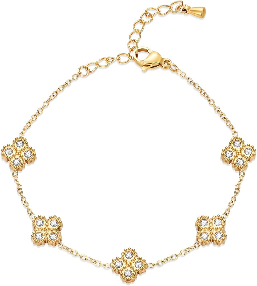 SHINYSO 18K Gold Plated Clover Bracelet for Women Four Leaf Lucky Cubic Zirconia Stainless Steel ... | Amazon (US)