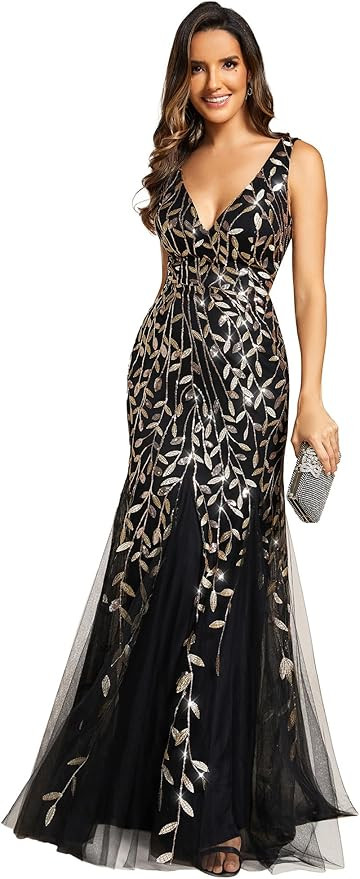 Ever-Pretty Women's Formal Dress Sequin Tulle Double V-Neck Sleeveless Mermaid Long Evening Dress... | Amazon (US)