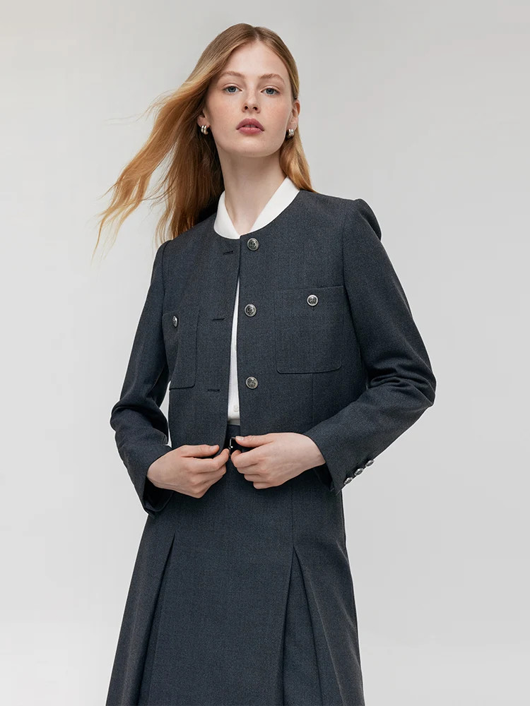 Wool Blend Crop Jacket And A-Line Skirt Two-Piece Set With Leather Belt | GOELIA