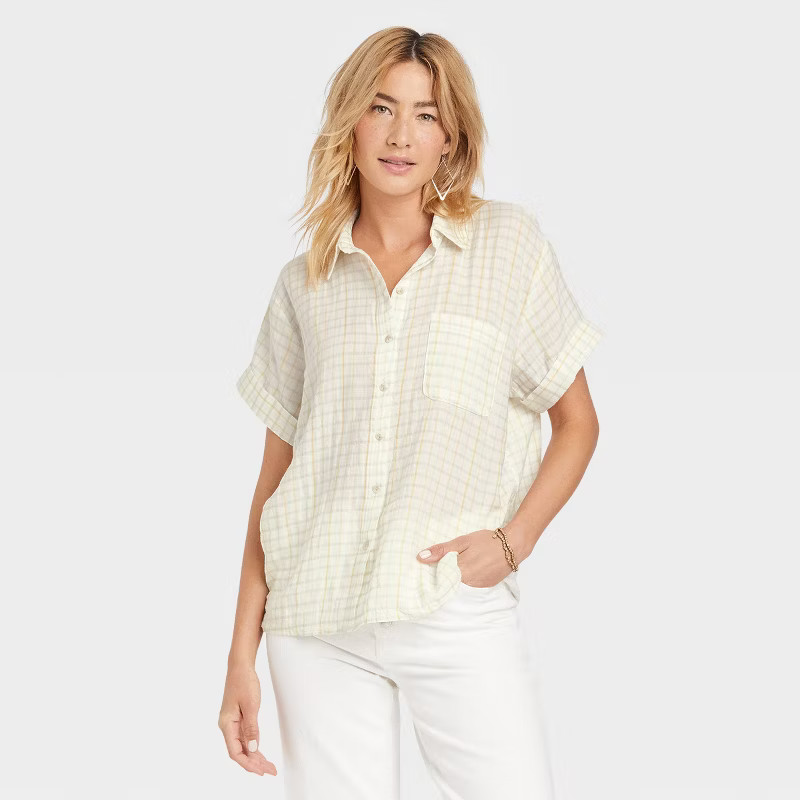 Women's Short Sleeve Button-Down Shirt - Universal Thread™ Cream Plaid XS | Target