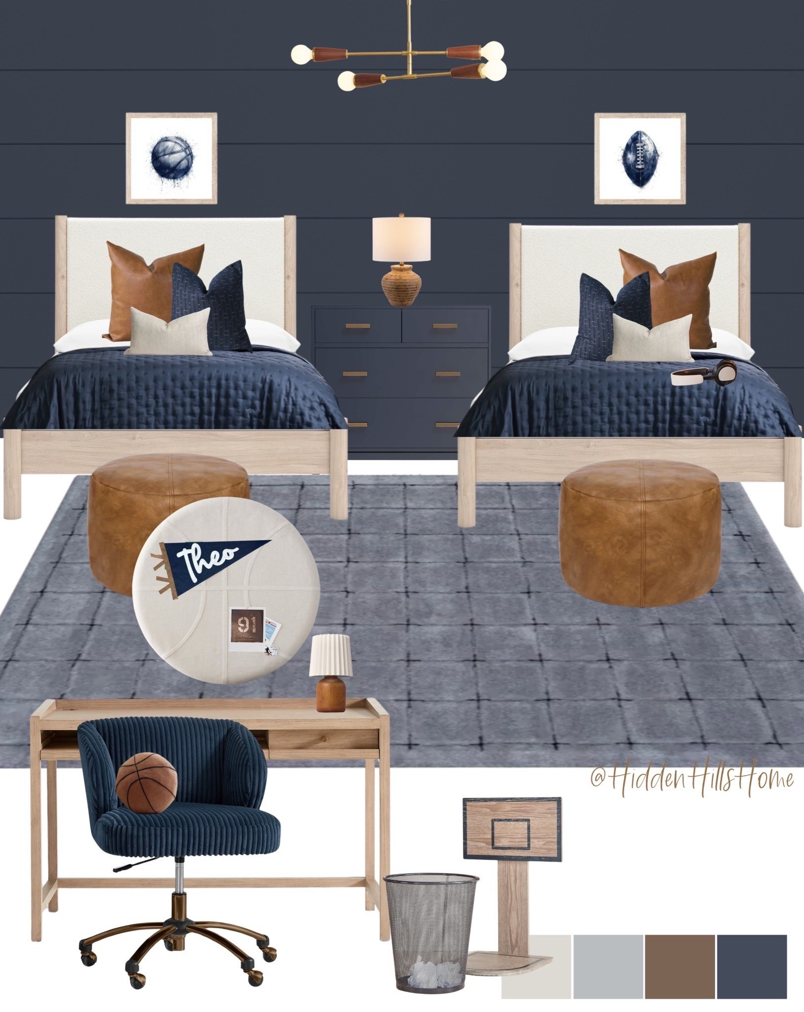 Shared boys bedroom, shared sibling bedroom, twin boys room decor ideas, Teen boys bedroom mood board, boys room decor, home decor ideas, masculine boys room, navy blue bedroom, nightstands, desk, teen rug #boysroom
Paint color is SW Charcoal Blue 



#LTKHome #LTKKids #LTKSaleAlert