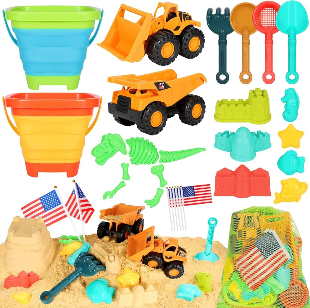 Beach Sand Toys for Kids, 29PCS Sandbox Toys with 2 Collapsible Bucket Sand, 2 Dump Truck, Dinosa... | Amazon (US)