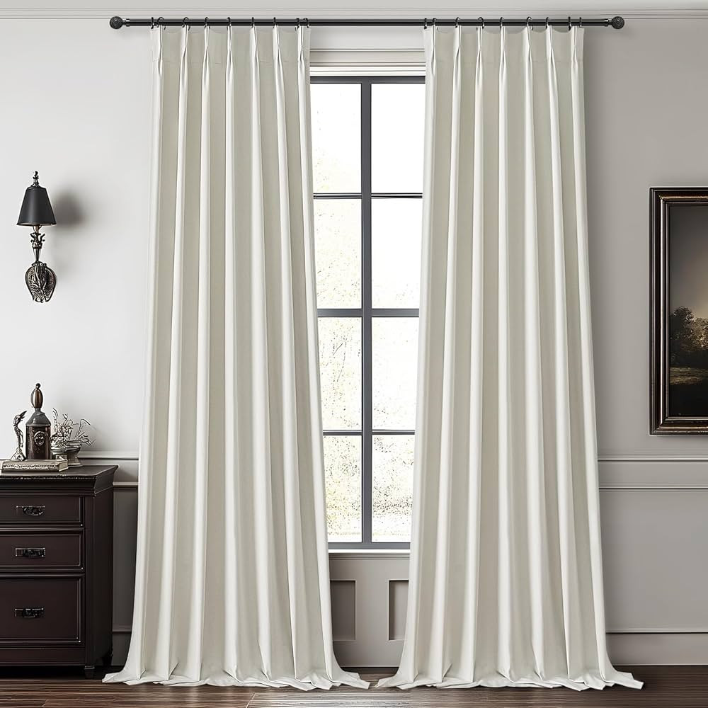 Beige White Pleated Room Darkening 100 Inch Curtains for Living Room, Neutral Thick Linen Blend C... | Amazon (US)