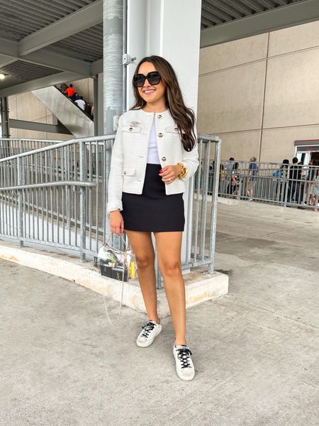 Concert outfit!
Tweed cropped jacket size 00 petite TTS
White top size xs TTS
Skirt size small TTS
Sneakers size 35 TTS
Clear bag with gold chain for concerts

#LTKstyletip #LTKfindsunder100 #LTKtravel