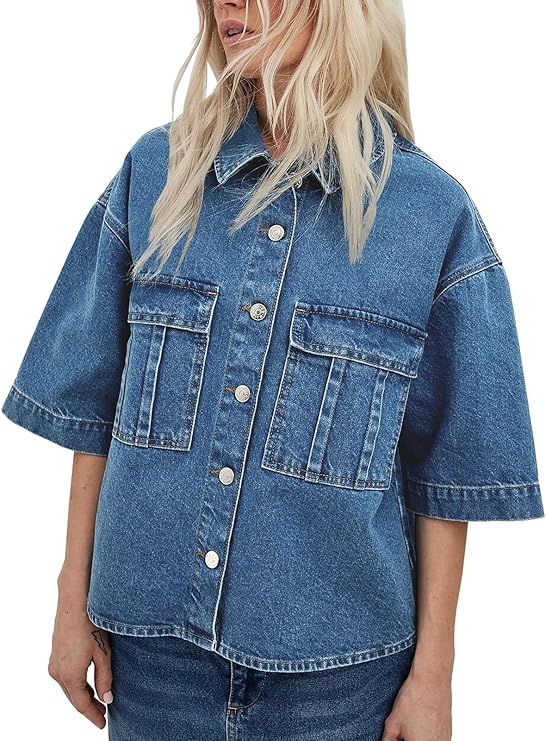 Imily Bela Womens Button Down Denim Jackets Summer Casual Loose Fit Short Sleeve Jean Coats with ... | Amazon (US)