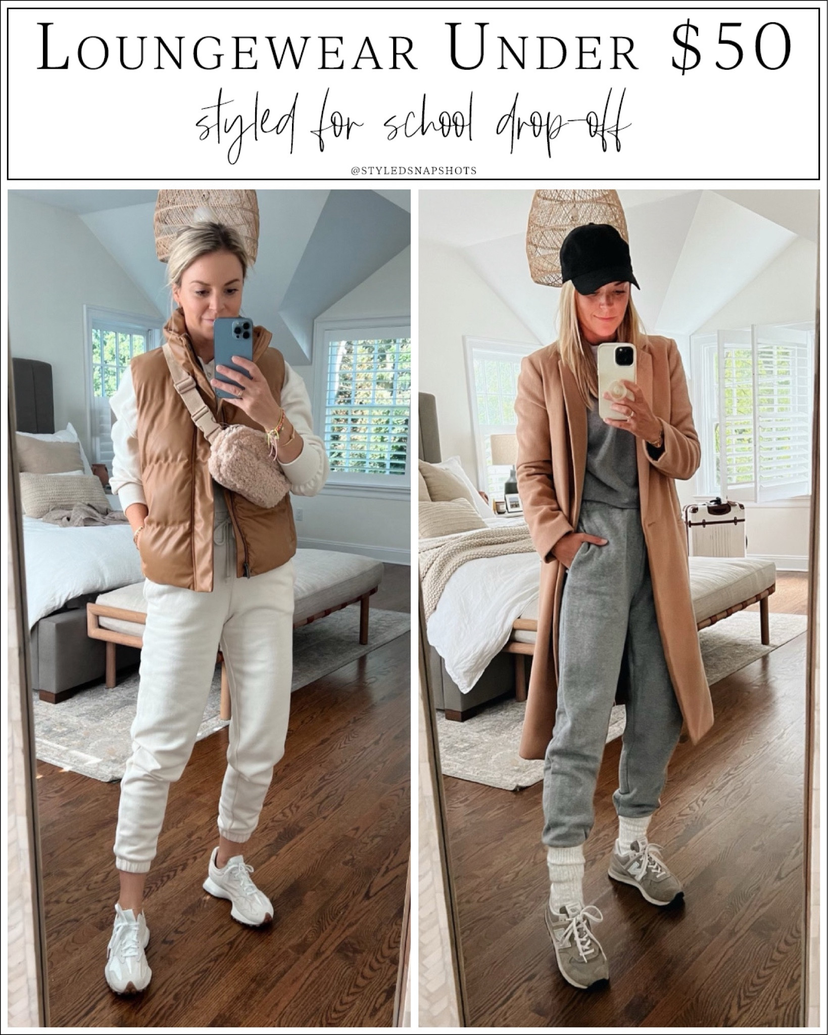 Loungewear under $50 styled for school drop-off 
•beige sweatshirt sized up to medium 
•beige sweatpants size XS
•puffer vest size small 
•grey sweatshirt size small 
•grey sweatpants size XS (I also have the shorts version in size small) 
•camel coat is old. Linked similar (I wear size small) 

fall outfit, cozy outfit, casual outfit 

#LTKfindsunder50 #LTKSeasonal #LTKstyletip