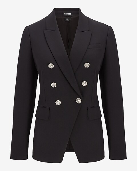Supersoft Twill Double Breasted Embellished Button Blazer | Express