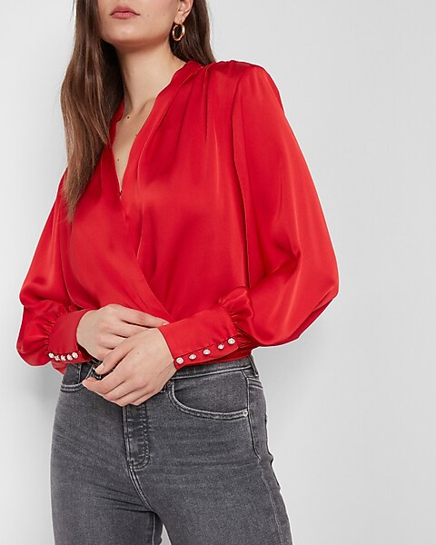 Embellished Cuff Draped Front Top | Express