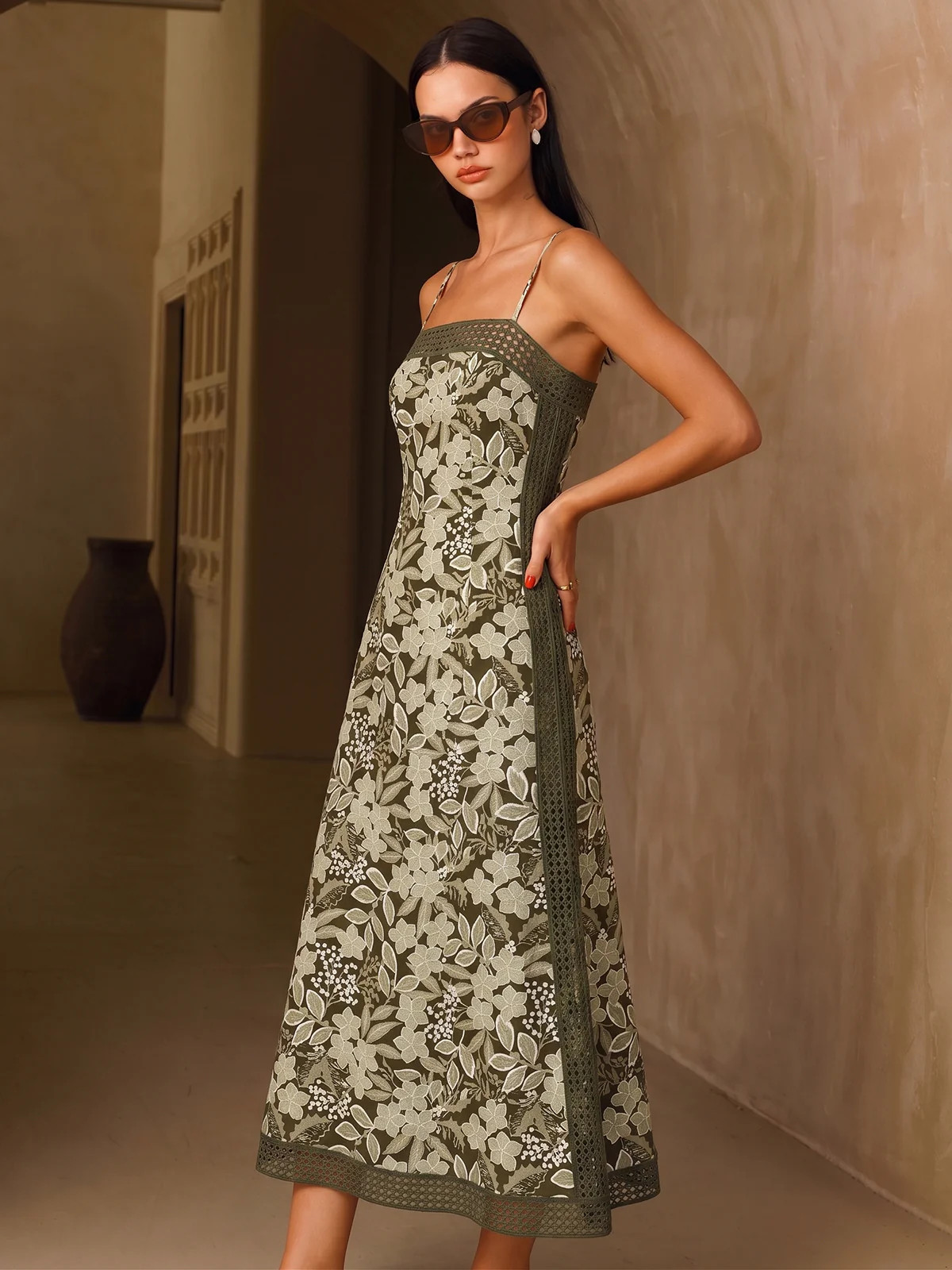 Crochet Trim Floral Print Slip Dress | Commense