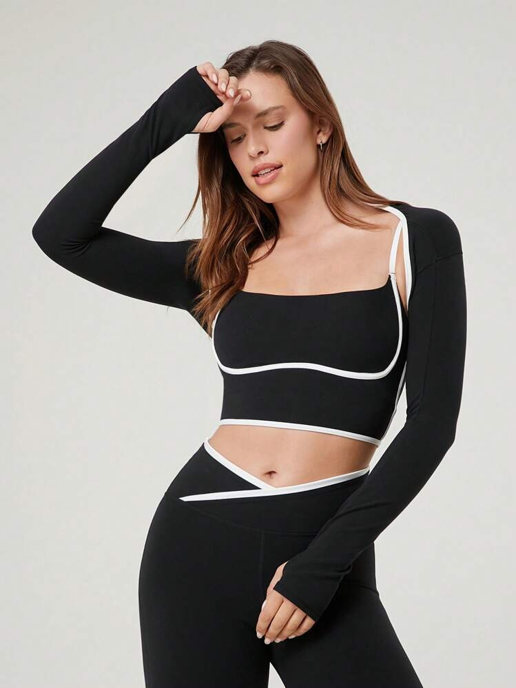 GLOWMODE FeatherFit™ Cropped Limitless Long Sleeve Tank Shrug Top With Thumbhole Low Impact Yog... | SHEIN